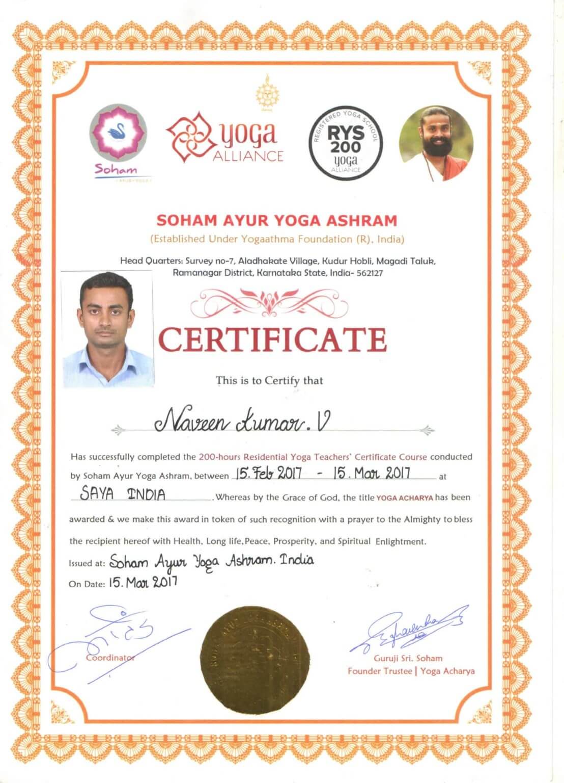 My international Yoga Certificate